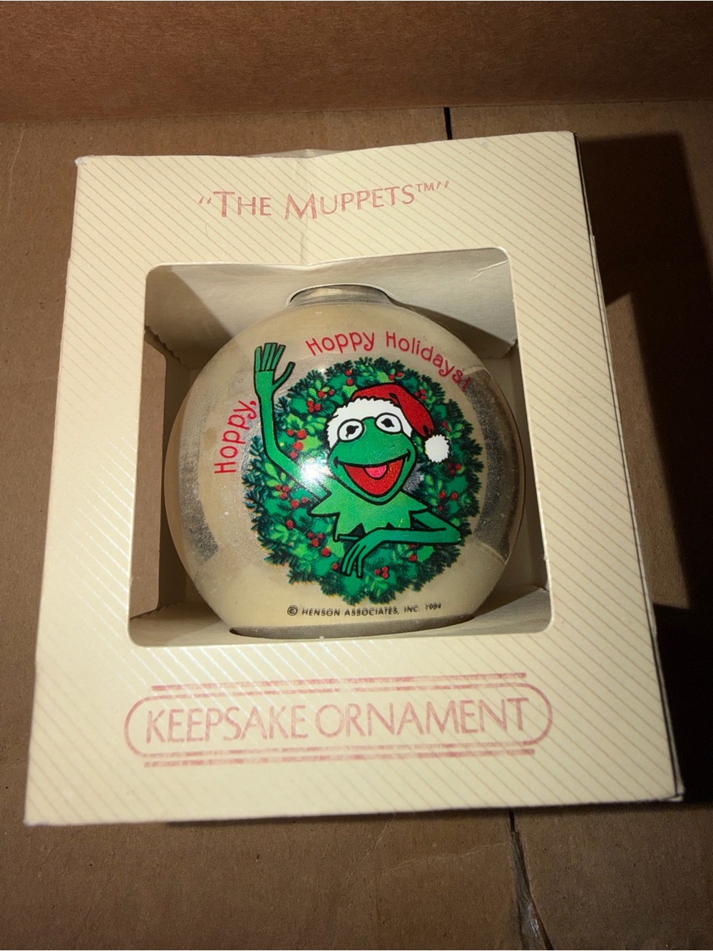 Vintage 1984 Hallmark The Muppets Kermit Miss Piggy Glass Ornament QX2514 Box